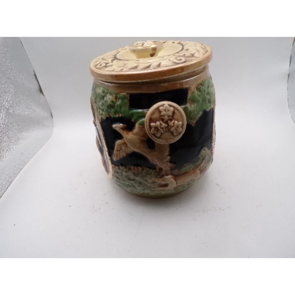 Vintage German Ceramic‎ Pot Lidded Biscuit Jar Embossed Castle Scene Figuri